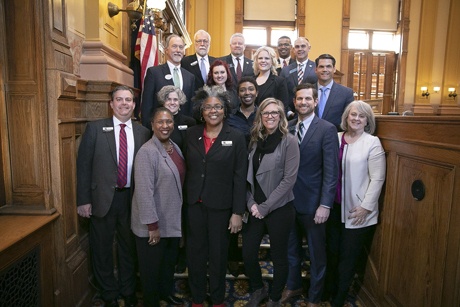 Group photo. Third row, left to right: Lanier Tech President, Dr. Ray Perren, Katie Ballard, Lanier Tech Dean of Adult Education Tiffany Lofton, and Lt. Governor Geoff Duncan.