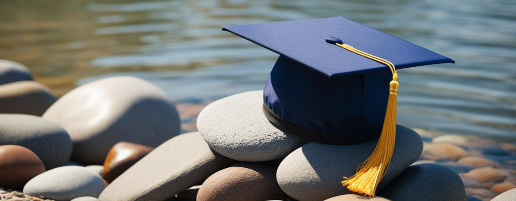 Graduation Cap with tassel sitting on rocks with water in the background